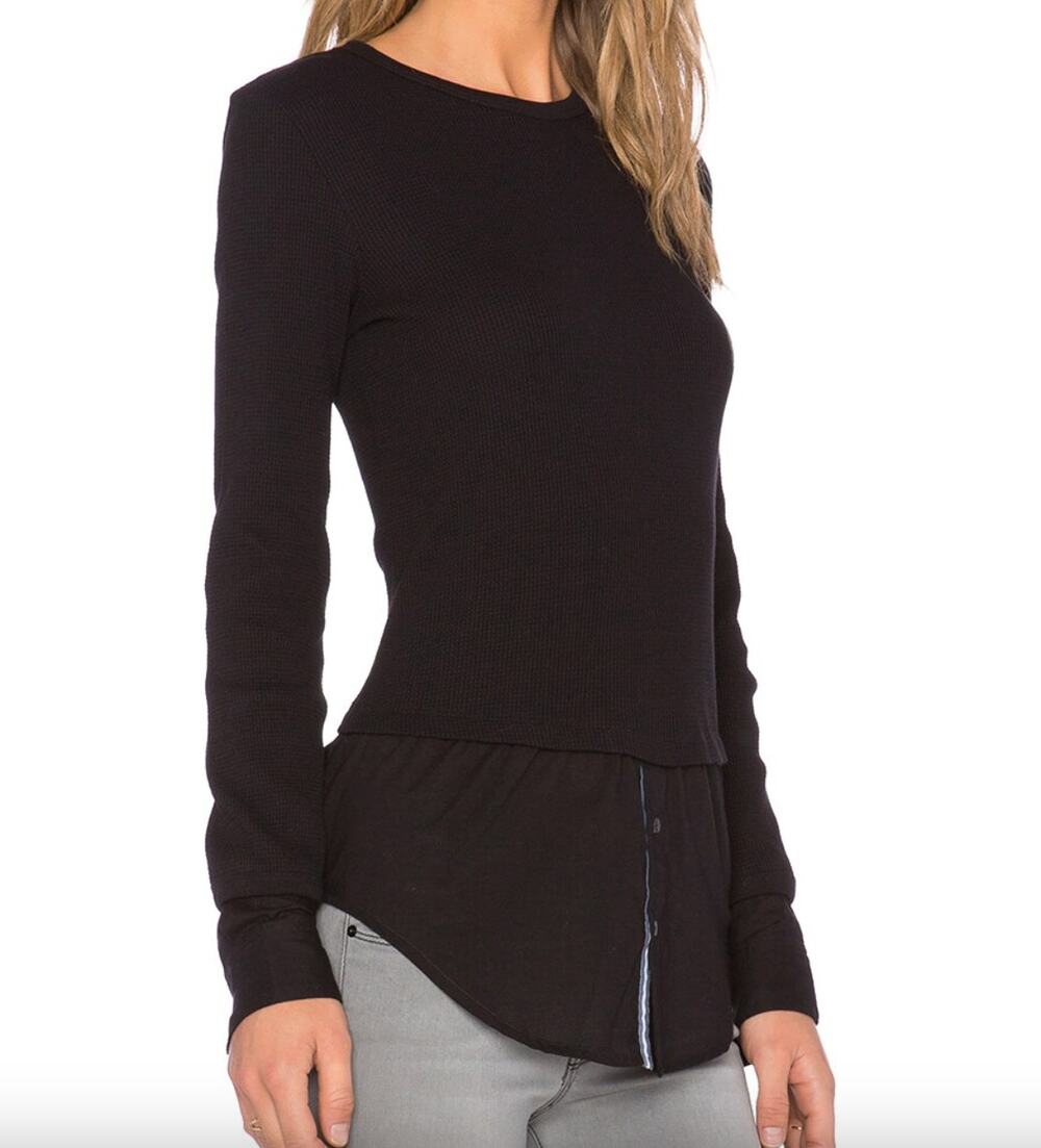 THEORY Mikaela Thermal Pullover Black Waffle Knit Shirttail Hem Long Sleeve S
